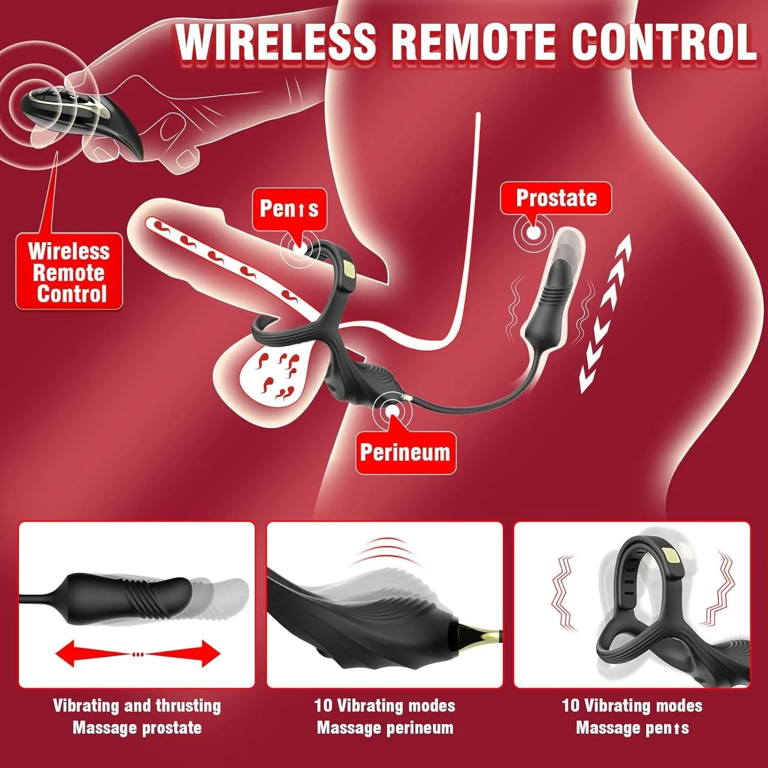 2 In 1 penis Ring thrusting anal Prostate Massager with Adjustable ring buckle