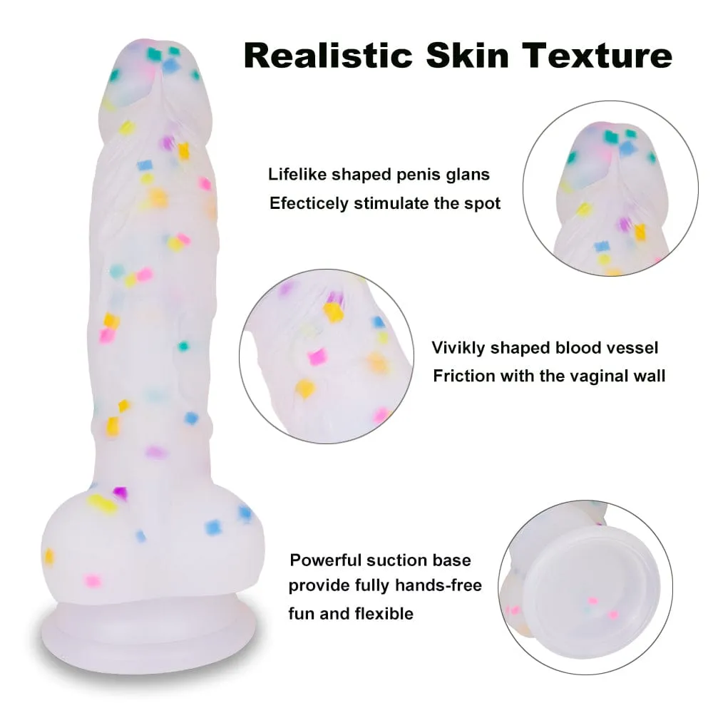 7.1in Jelly Particles Rainbow Transparent Realistic Dildo With Suction Cup