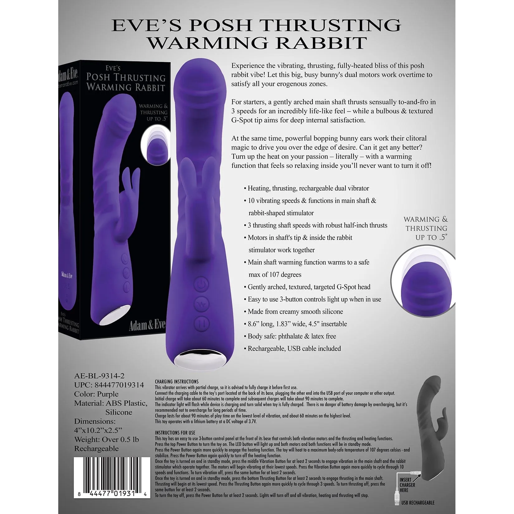 Adam & Eve - Eve's Posh Thrusting Warming Rabbit Vibrator (Purple)