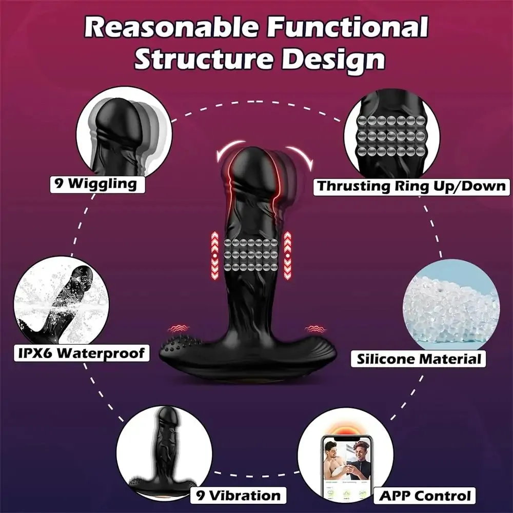 Anus Pleasure Pulsing Prostate Massager with 9 Thrusting Ring & 9 Wiggling 4.9 Inch