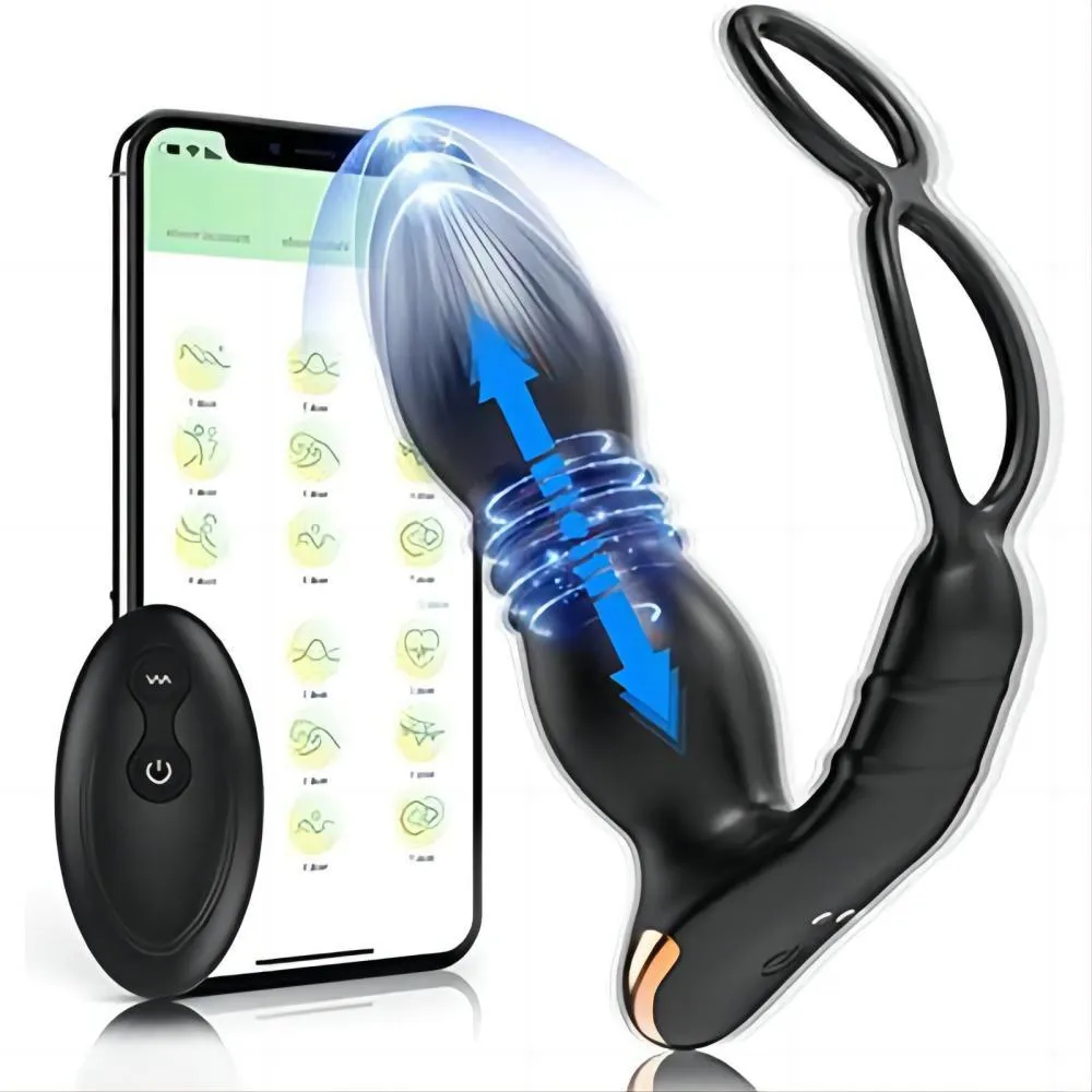 APP Control Prostate Massger 3 in 1 Multifunctional Thrusting Anal Plug with Dual Penis Ring