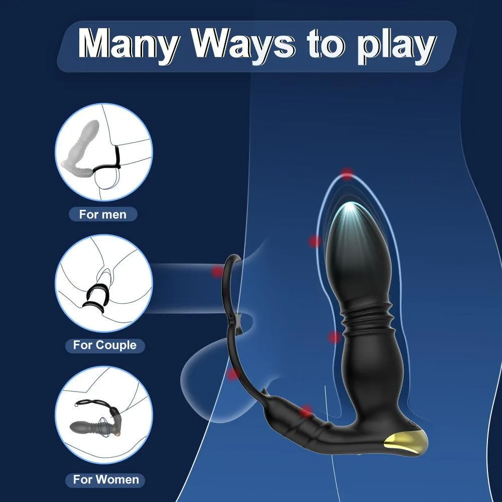 APP Control Prostate Massger 3 in 1 Multifunctional Thrusting Anal Plug with Dual Penis Ring