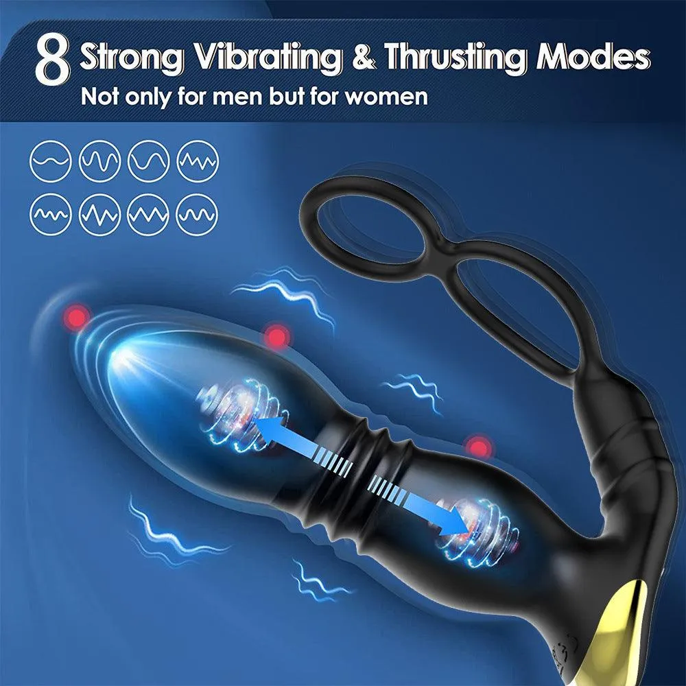 APP Control Prostate Massger 3 in 1 Multifunctional Thrusting Anal Plug with Dual Penis Ring