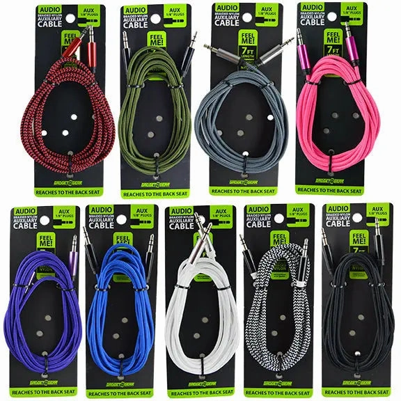 Braided Nylon Auxiliary Cable 7FT - 12 Pieces Per Retail Ready Display 22377B