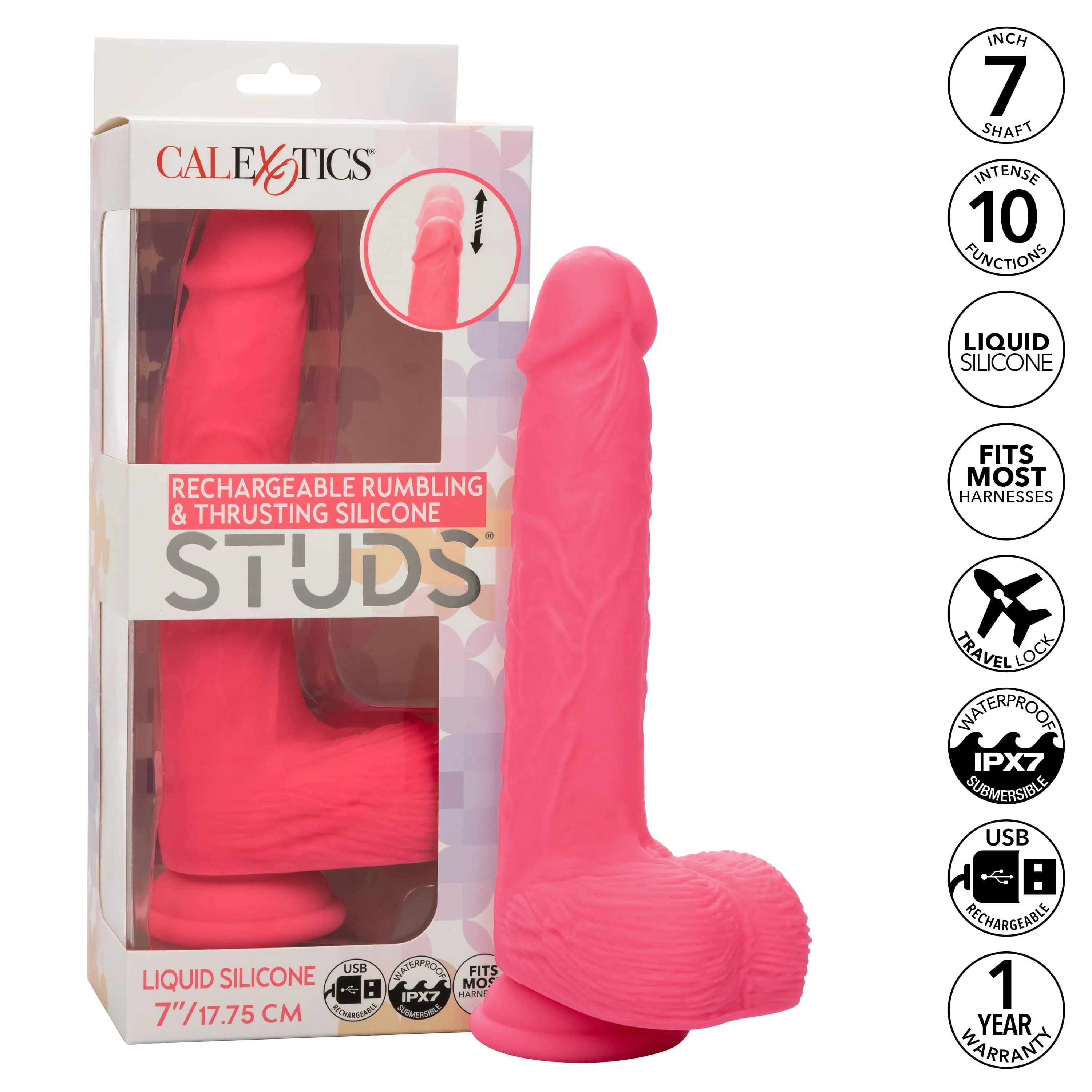 California Exotics - Rechargeable Rumbling and Thrusting Silicone Studs Realistic Dildo with Balls 9.5" (Pink)