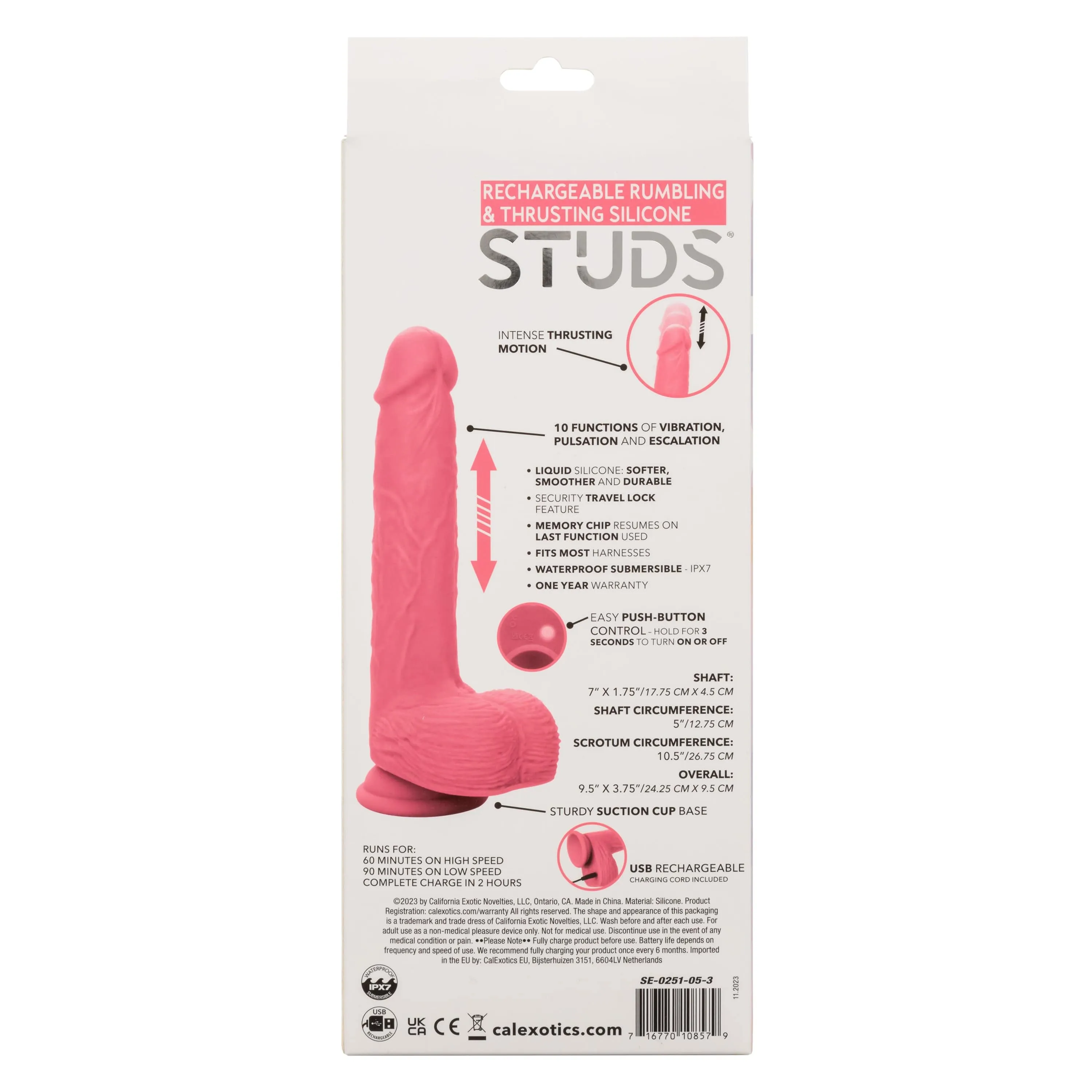 California Exotics - Rechargeable Rumbling and Thrusting Silicone Studs Realistic Dildo with Balls 9.5" (Pink)