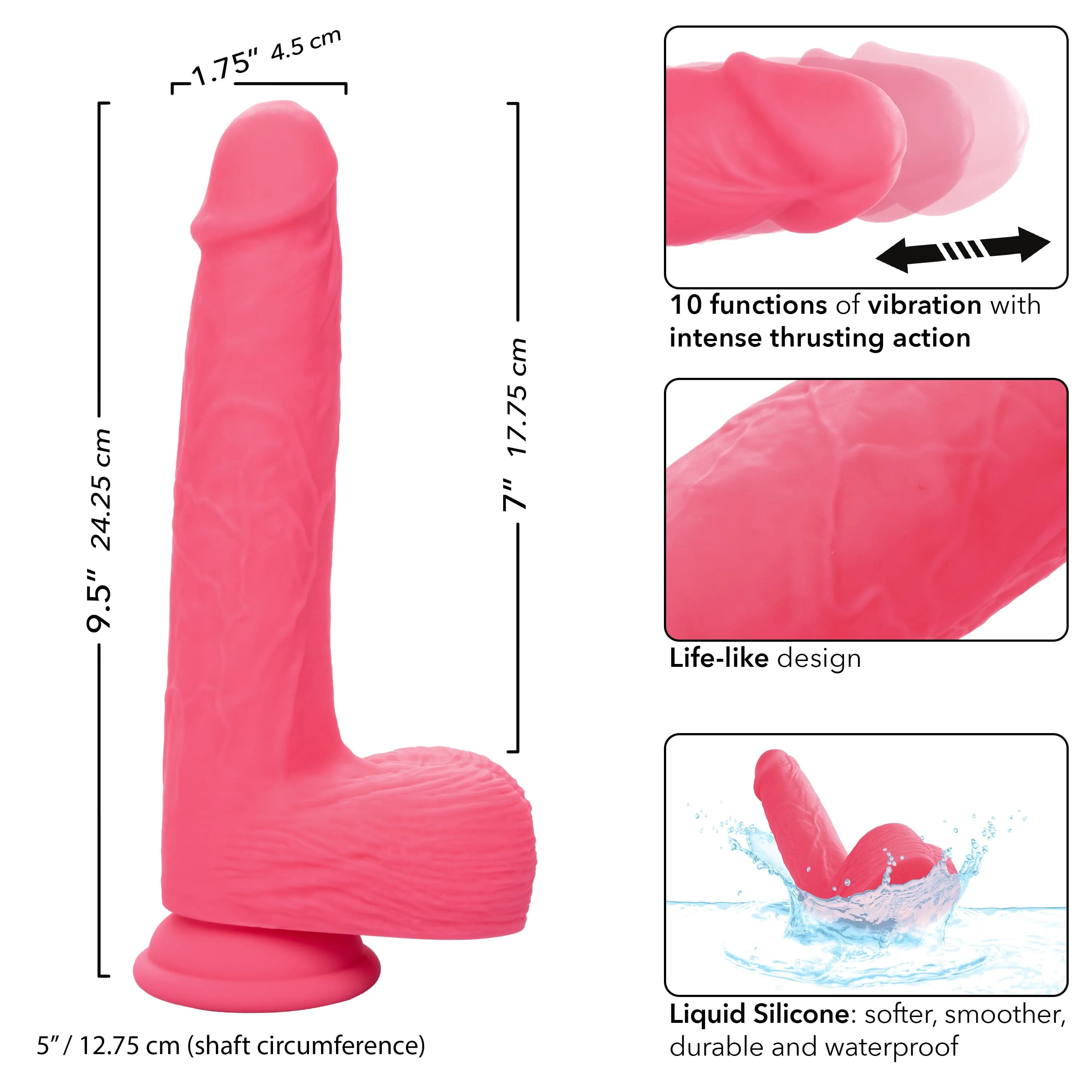 California Exotics - Rechargeable Rumbling and Thrusting Silicone Studs Realistic Dildo with Balls 9.5" (Pink)