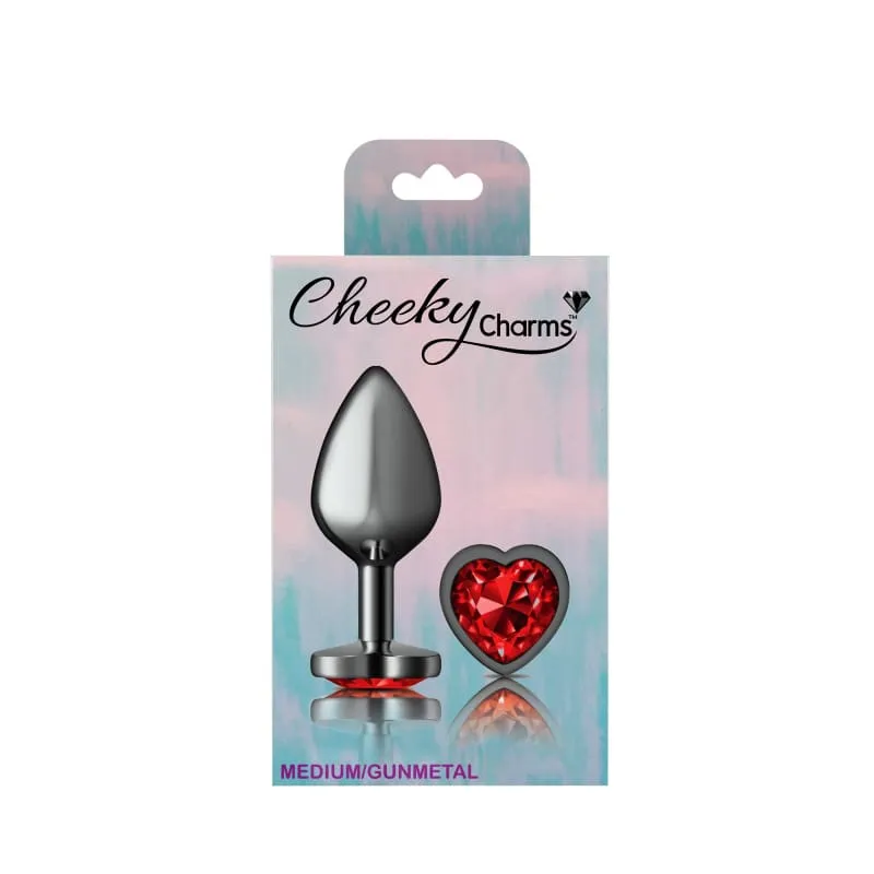 Cheeky Charms - Gunmetal Metal Butt Plug - Heart - Dark Red - Medium