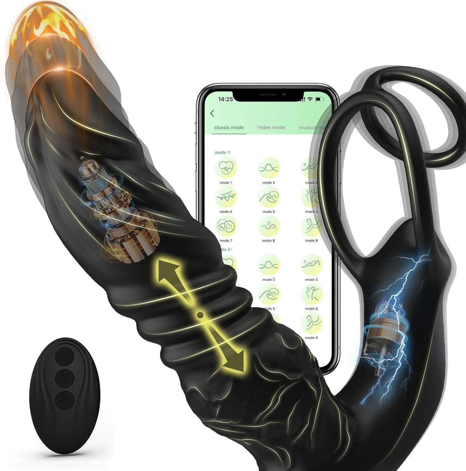 Male Anal Vibrator App Control 9 Vibrating Thrusting Dual Ring Dildo Shaped Prostate Massager