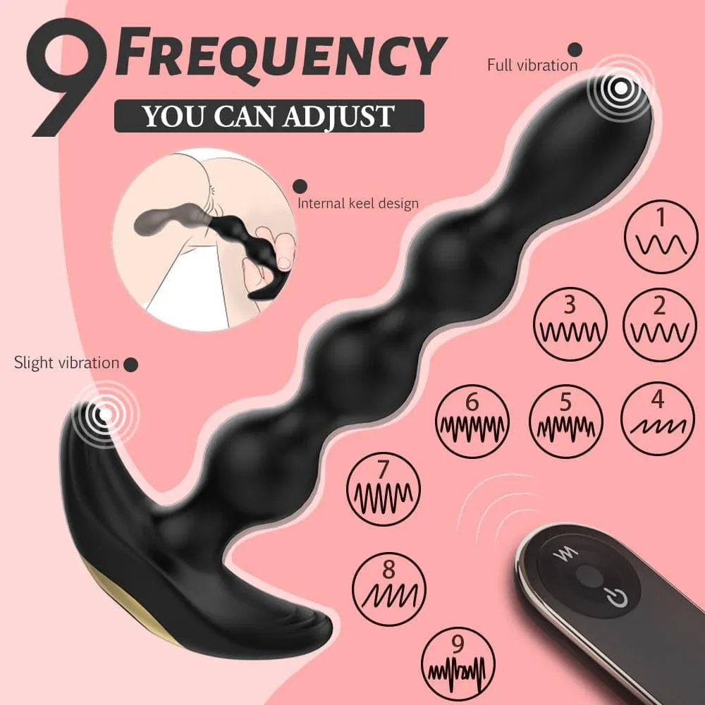 Male Wireless Remote Control Anal Plug 9 Vibration Modes  With Rotation Anal Beads Bendable Butt Plug