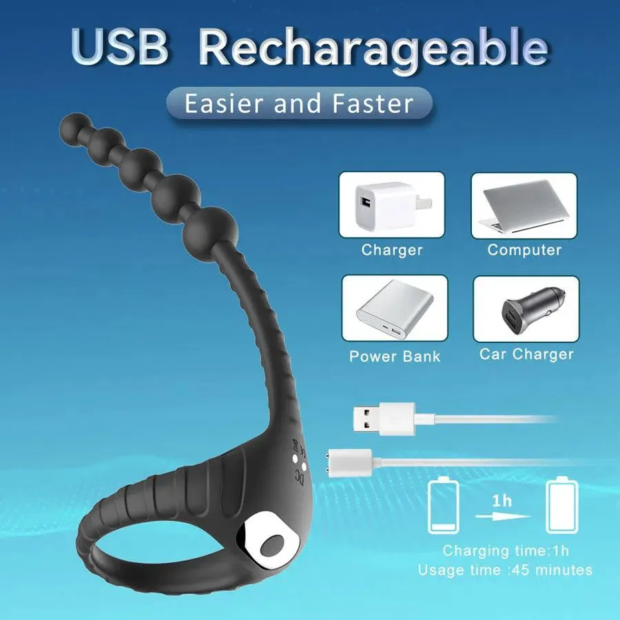 Remote Control Vibrating Cock Ring with Anal Beads